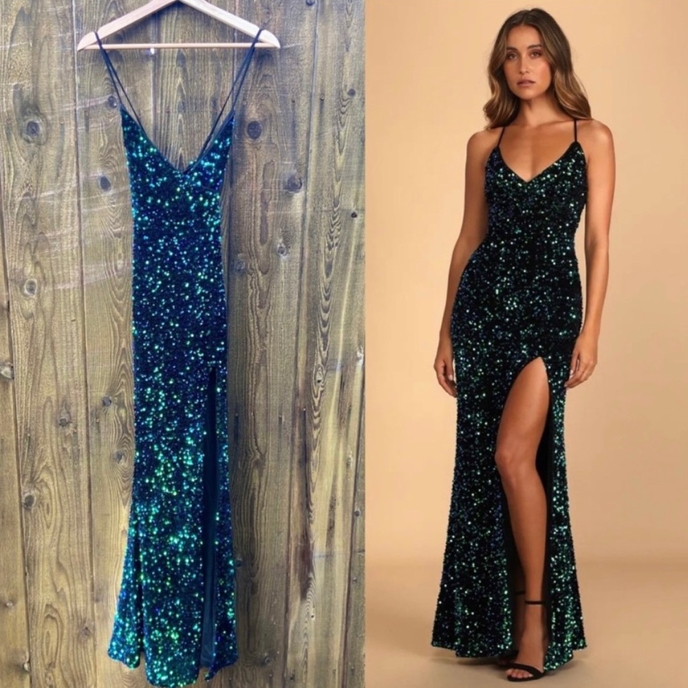 Green Iridescent Sequin Velvet Backless Maxi Dress ๐ฟ - Picture 3 of 14